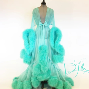 King Mcgreen Star Lencería Sexy, Bata Transparente con Plumas para Mujer, Vestido de Noche con Manga Trompeta y Cola, Transparente - Product Image 3