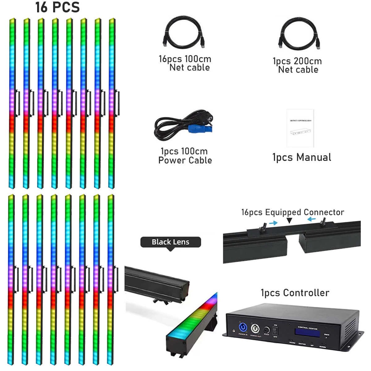 16 Tubos LED Pixel – Lente Negra – Caja de Cartón