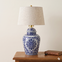 Lampe de table en céramique DS-RXCM20-A, style chinoiserie bleu et blanc, avec abat-jour en lin