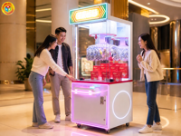 Distributeur automatique de boîtes surprise sur le thème de la fortune avec lumières néon violettes