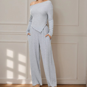 2023 Của Phụ Nữ Gân Knit Loungewear Thiết Lập Màu Rắn Phong Cách Giản Dị Chia Top Bùng Chân Quần Trang Phục Cho Mùa Thu - Product Image 1