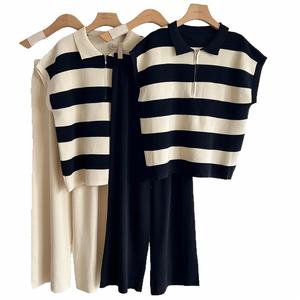 Summer Casual Loose Fit Polo Collar Half-Zip Striped <b>Knit</b> <b>Sleeveless</b> <b>Top</b> + High-Waisted Wide-Leg Pants Versatile Set - Product Image 5