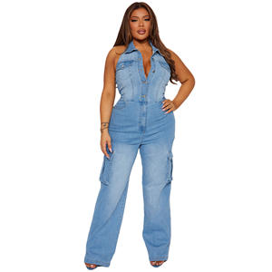 จั๊มสูทผ้ายีนส์ทรงคาร์โก้สำหรับผู้หญิงชุดรอมเปอร์คล้องคอยืดลำลองไม่เหมือนใคร2024ฤดูร้อน - Product Image 3