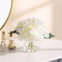 Rangkaian Bunga Hydrangea Sutra Buatan dengan Vas Kaca Bening, Hiasan Bunga Palsu untuk Dekorasi Meja Rumah dan Pernikahan