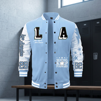 Blouson universitaire bleu ciel pour homme, style baseball, boutonné, avec empiècements et lettrage imprimé, vêtement d'extérieur décontracté
