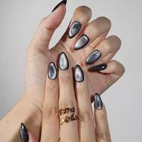 Offre Spéciale – Nouveaux Ongles Press-On Amande en Acrylique Noir Intense Effet Œil de Chat à French Manucure – Personnalisables, Faits Main, Idéaux pour Fêtes, Rendez-vous, Trajets Quotidiens et Usage Quotidien