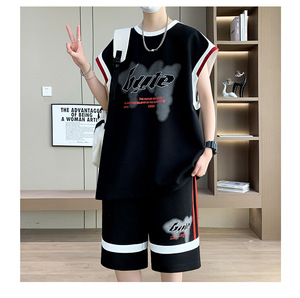 Ensemble Sportif Personnalisable, Commande Minimum 1 Pièce, Gilet <span class=keywords><strong>Sans</strong></span> Manches Grande Taille et Short Cinq Quarts pour <span class=keywords><strong>Homme</strong></span>, Ensemble Décontracté Deux Pièces Uni - Product Image 1