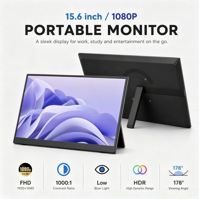 OEM 15.6-Inch Wireless WiFi Miracast IPS Portable Gaming Monitor 1080P UHD LCD Full Screen Type-C USB Adjustable Folding Stand