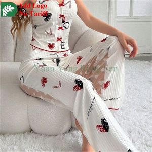 Lettere traslucide Love Heart stampa allegra <span class=keywords><strong>pigiama</strong></span> da <span class=keywords><strong>donna</strong></span> con scollo a v Top Amp pantaloni lunghi a due pezzi <span class=keywords><strong>pigiama</strong></span> da <span class=keywords><strong>donna</strong></span> - Product Image 4