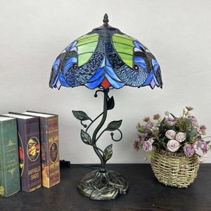 LongHuiJing European Simple LED Table Lamp Blue Stained Glass Lampshade E27 Living Room Adjustable Desk <b>Light</b> H20xW12In - Product Image 6