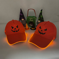 Cappello in Denim LED Luminoso per Feste di Halloween, Effetto Perlescente, Denti di Zucca, Luce LED Arancione, Regolabile