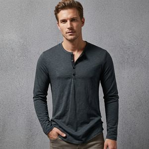 Men's Long Sleeve Henley T-Shirt Knitted Regular Fit Casual Solid Color Button-Up Front Logo Breathable V-Neck 100% Cotton - Product Image 3