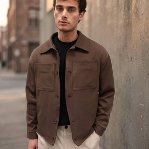 Men's Light Beige Zip-Up V-neck Casual Jacket Long Sleeve Minimalist Overcoat Style Waterproof Breathable Coat <b>Feather</b>-Filled - Product Image 3