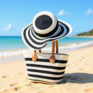 Хит продаж: набор из большой пляжной сумки через плечо и шляпы из соломы в черно-белую полоску для женщин - Product Image 1