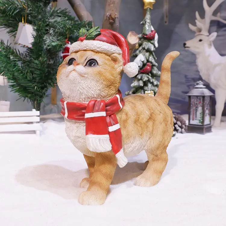 手描きの樹脂クリスマス動物の装飾飾り赤い帽子猫クリスマス