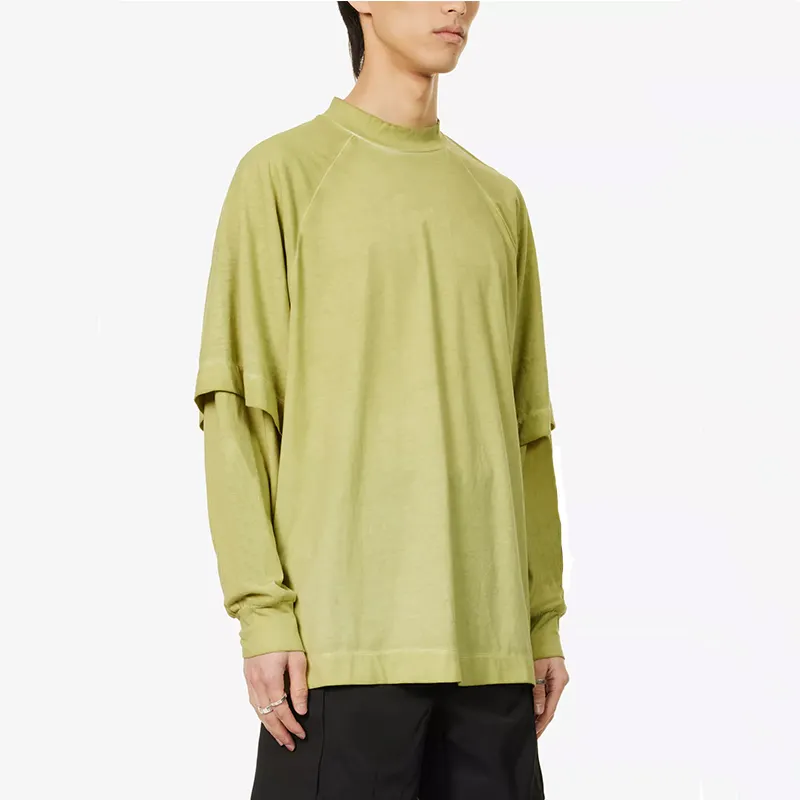 Camiseta 2 em 1 de algodão grande personalizada para homens, camiseta vintage de manga comprida com estampa gráfica pesada e dupla camada, camiseta quadrada