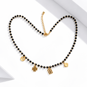 Collar con Cuentas de Cristal Negro, Acero Inoxidable, Chapado en Oro de 14K al Vacío, Motivo Mixto, 40+5cm - Product Image 1