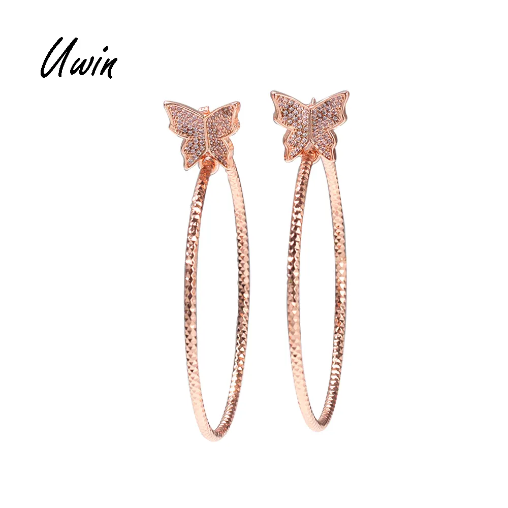 NEW CZ Butterfly Hoop Earrings Women Rose Gold Color Female Rapper Circle Earrings Jewelries