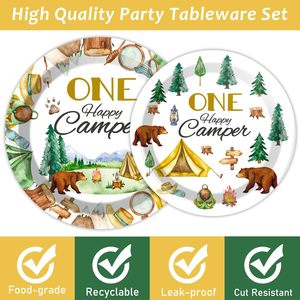Plato de papel de eliminación redondo de 9 pulgadas CMYK Camping para 1er cumpleaños One Happy Camper 350gsm tablero blanco Suministros para fiestas aprobados por la FDA - Product Image 6