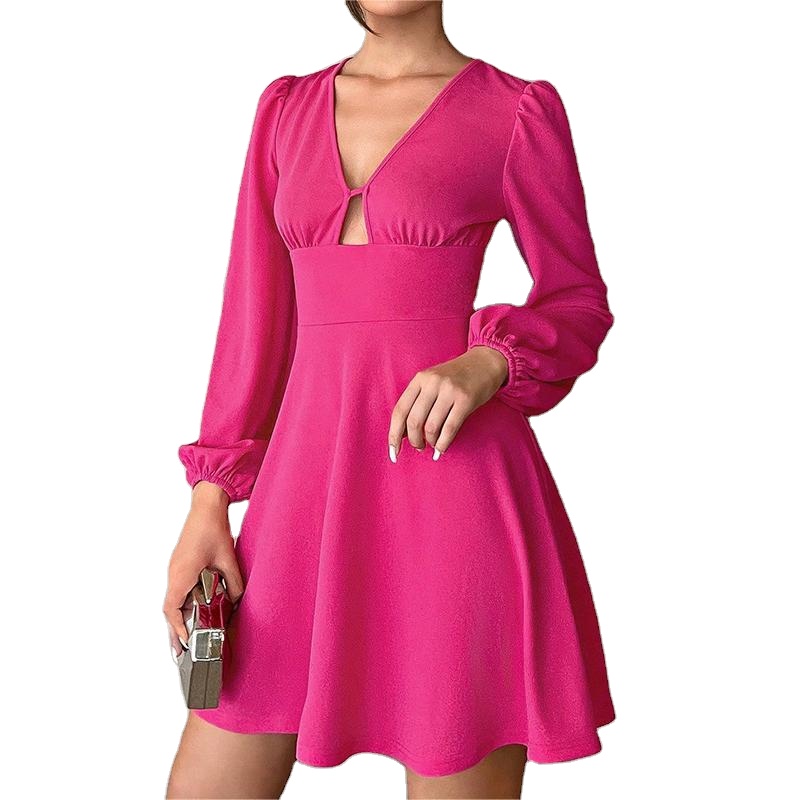 Autumn and Winter New Intellectual Elegant Sweet Waist V-neck Bubble Sleeve  Long Sleeve Mini A-line commuter Holiday Knit Dress| Alibaba.com