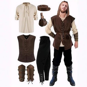 Set di 6 Pezzi Costume da <span class=keywords><strong>Uomo</strong></span> per Halloween Stile Rinascimentale, Gilet Medievale, Camicia, Pantaloni con Elastico alla Caviglia, Cintura Vichinga, Bracciale, Borsa per LARP Vichingo - Product Image 1