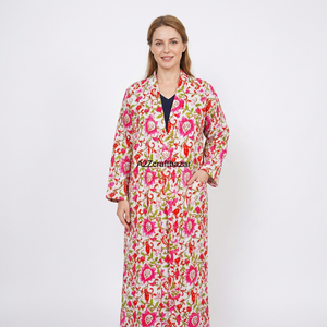 Women's <b>Lightweight</b> Vintage Floral Solid Kantha Knitted V-neck Jacket Kimono Breathable Drawstring Closure Spring Layering Front - Product Image 1