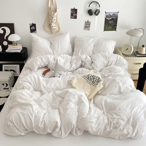 Parure de lit 3/4 pièces en coton lavé style américain, couleur unie, douce, couleur bonbon, housse de couette, drap plat, taie d'oreiller, pour la maison et l'hôtel - Product Image 4