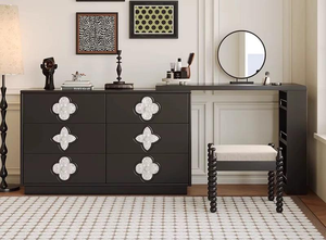 Premium Quatrefoil Inlay 6-Drawer Dresser Detachable <b>Vanity</b> Desk Set With <b>Mirror</b> & Bobbin Stool For Bedroom - Product Image 2