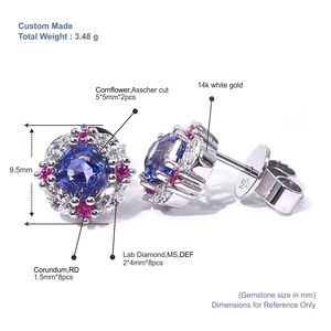 Tianyu Gems Custom 14K gold Asscher Cornflower Lab sapphire and Red Round Corundum Women style <b>Earrings</b> <b>studs</b> - Product Image 2