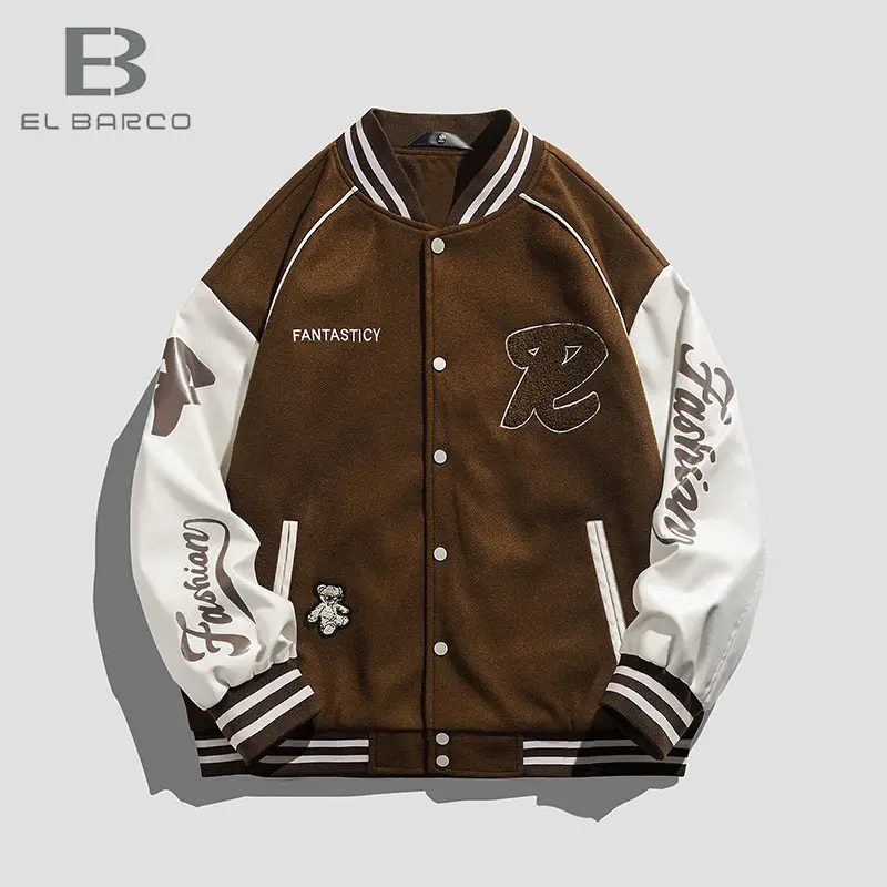 EL BARCO Hot Sale Black Blue Chenille Letter Patch Embroidery Leather Sleeve Letterman Baseball Varsity Jackets For Men