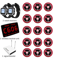 Système d'appel sans fil pour restaurant, comprenant 1 moniteur d'affichage, 2 récepteurs de montre-bracelet, 1 amplificateur de signal et 15 pagers.