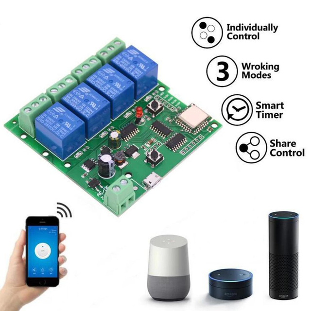 DC 7-32V USB 5V WiFi RF Switch Module Wireless Relay Smart Home Remote Control 4 Channel