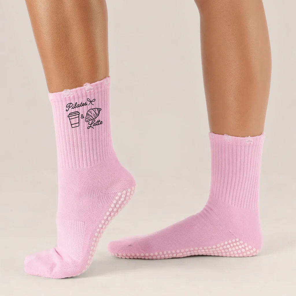 Distressed Grip Pilates Yoga Cotton Crew Socks with Embroidery Logo for Women Studio Training Custom Wholesale Socks