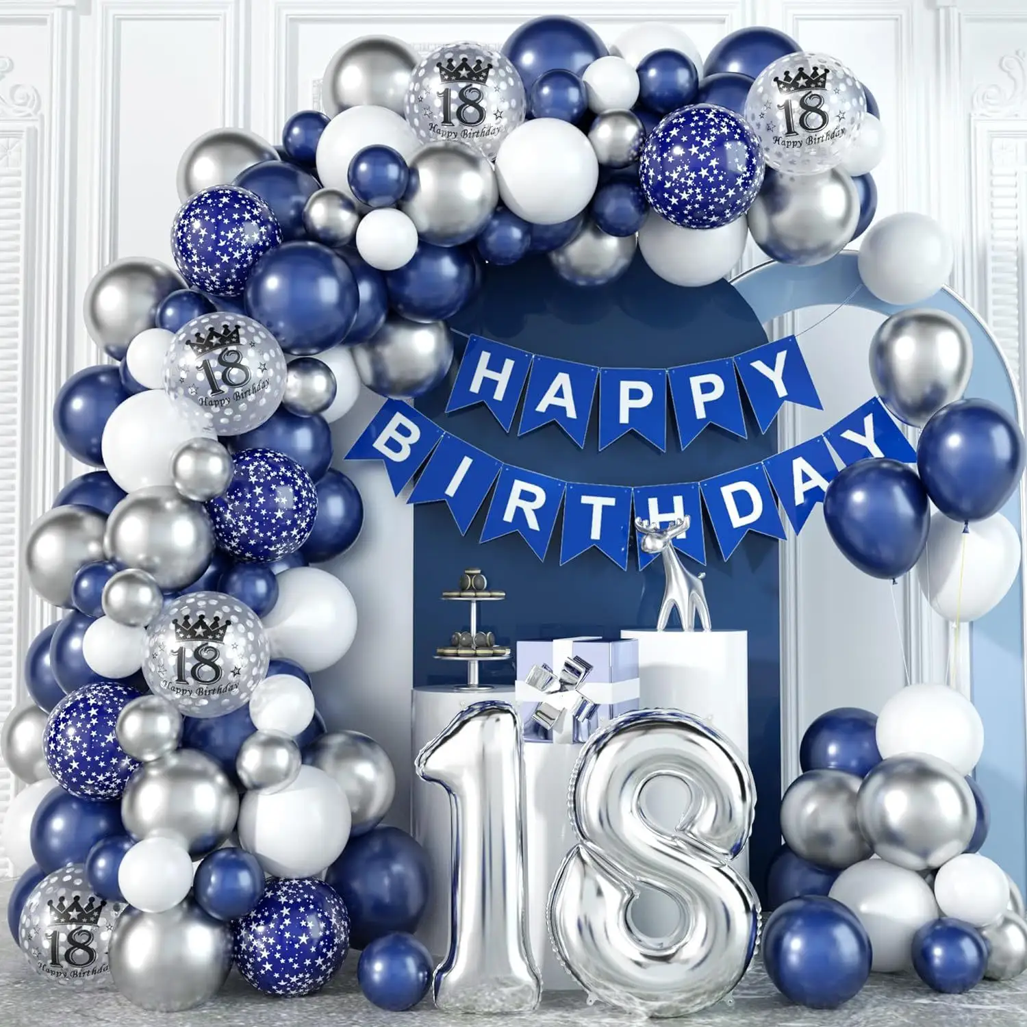 Cross-Border 18-Year-Old Silver Happy Birthday Set Happy Birthday Blue Silver Garland Balloon Chain Set