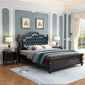 Luxury Dark Blue Tufted Upholstered King Size Bed, Classic Solid Wood <b>Double</b> Bed <b>Frame</b> for Bedroom Furniture - Product Image 3