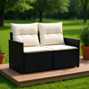 Sofá Modular de Jardín de 2 Plazas, Estilo Moderno, en Ratán Sintético Negro, con Cojines de Espuma de Alta Densidad - Product Image 2