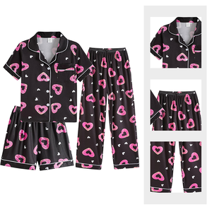Conjunto de <span class=keywords><strong>pijama</strong></span> de verano para niña recién llegado estampado personalizado conjunto de pijamas de alta calidad para niñas pantalones largos de <span class=keywords><strong>manga</strong></span> <span class=keywords><strong>corta</strong></span> ropa de dormir de 3 piezas - Product Image 2