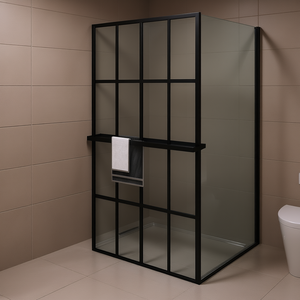 Paroi de douche en verre ESG noir avec étagère, finition noire mate, montage mural, 39,4 x 76,8 pouces - Product Image 2