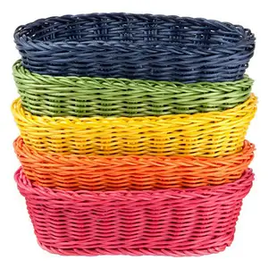 Cesta de plástico retangular feita à mão para frutas e vegetais, cesta de rattan para pão, cesta pequena cromática de armazenamento