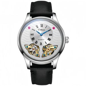 Dulunwe 6068 Orologio Meccanico Scheletrato di Lusso da Uomo con Doppio Tourbillon Volante, Movimento Seagull, Cinturino in Pelle Nera, Quadrante in Vetro - Product Image 4