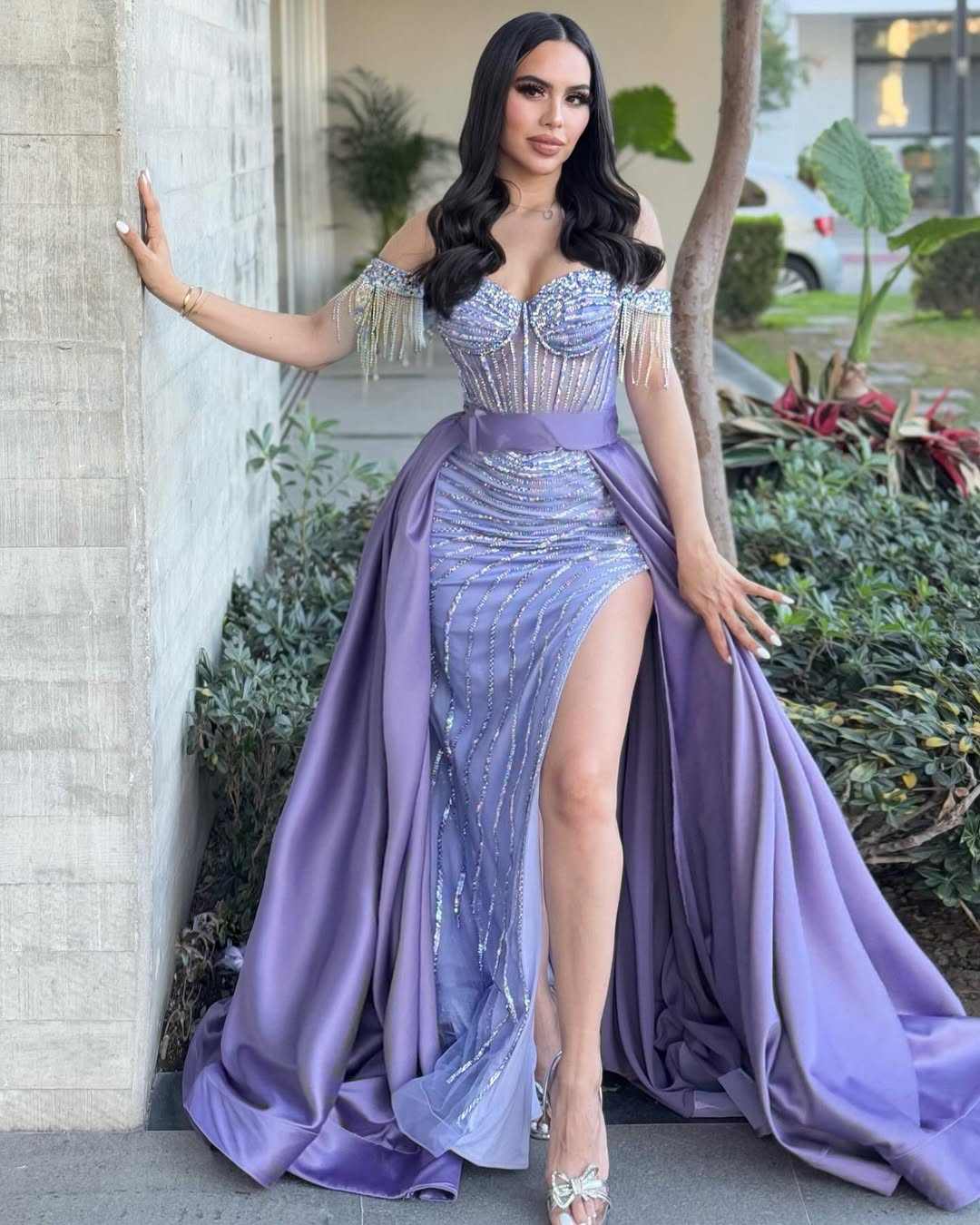 Purple Tail Gowns Pre Wedding Long Tail Satin Gown For Sell At