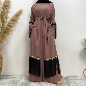 1795# Sparkle Sequins Stitching Long Tassel Modest Elegant Luxury Women Open <b>Abaya</b> 3 Colors - Product Image 4