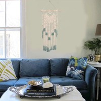 Tapisserie murale verticale en coton macramé, style bohème tissé vert et beige, écologique, pour anniversaire