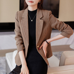 Womens <b>Wool</b> Blazer Slim Fit Short Style Grey Yellowish Brown Casual Elegant Autumn Winter - Product Image 2