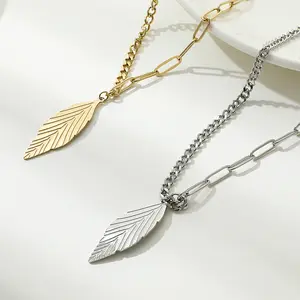 New 18K Gold Plated Plant Leaves Pendant Necklace Stitching Stainless Steel Cuban Chain Piece Necklace for Women