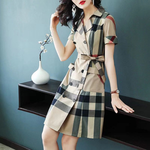 Ingrosso moda <span class=keywords><strong>elegante</strong></span> a-line Plaid a manica lunga <span class=keywords><strong>abito</strong></span> da donna Casual in <span class=keywords><strong>cotone</strong></span> con stampa a quadri vestito da donna - Product Image 1