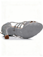 Chaussures de danse latine pour femmes, gris argenté, à paillettes, à découpes, à talons hauts, semelle en daim souple, chaussures professionnelles de salsa et de danse de salon