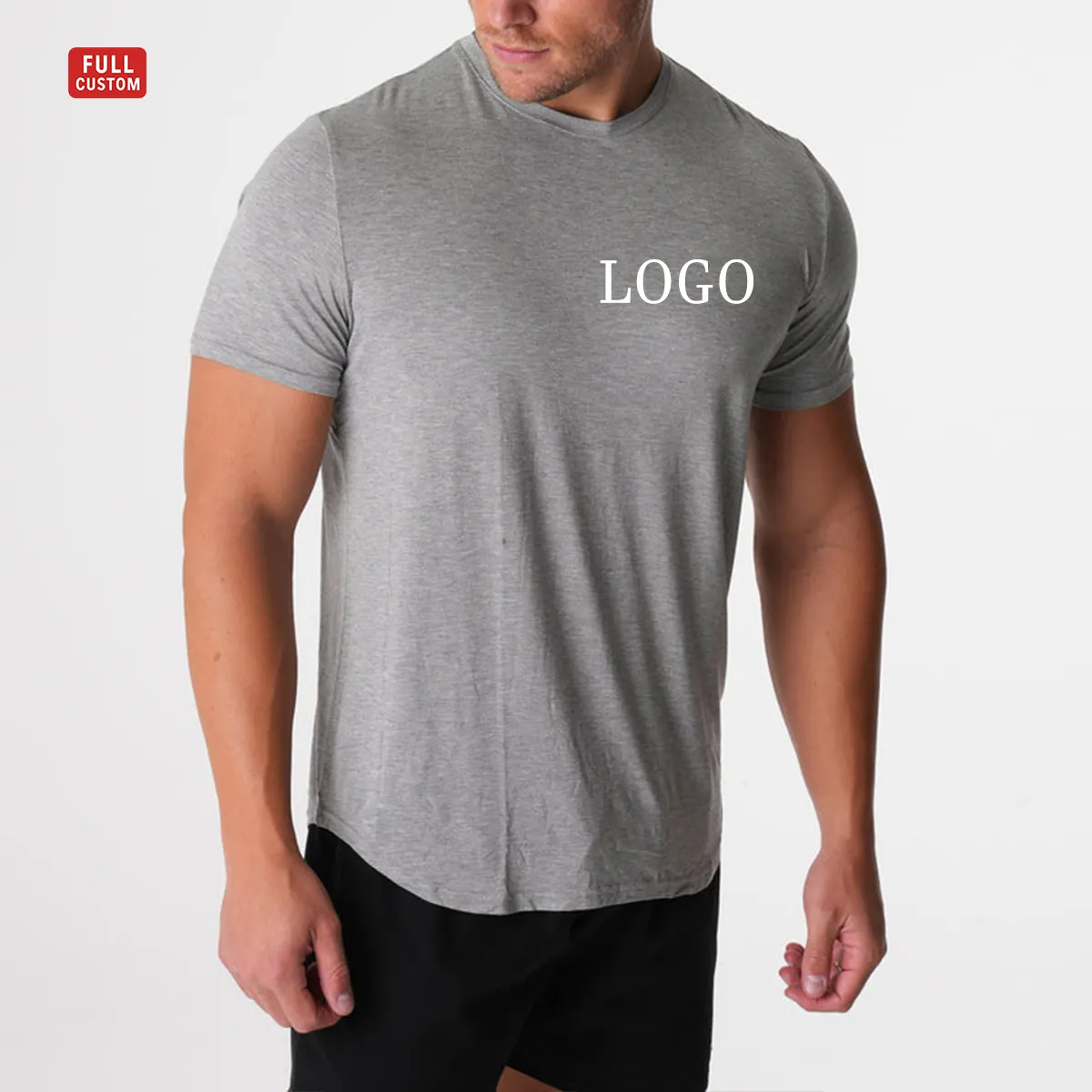 Alta qualità 95 cotone 5 Spandex T-shirt da palestra curvo da uomo con bordo allungato girocollo sportivo T-shirt attiva per uomo