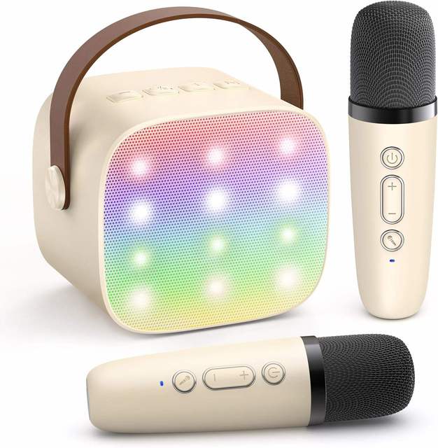 Fervit Mini Portable Karaoke Machine with USB/SD Card RGB LED Lighting Two Wireless Microphones Great for Kids Adults Low Stock