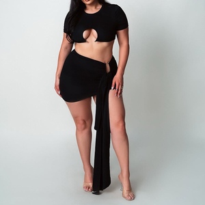 เสื้อแขนสั้นคอกลมประดับโลหะสำหรับผู้หญิงพร้อมกระโปรงจีบแต่งริบบิ้นชุดแฟชั่น 2 ชิ้น - Product Image 5